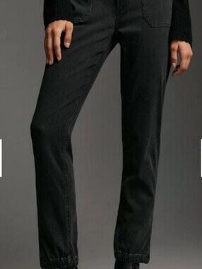 PAIGE Mayslie Mid Rise Jogger Jeans Black Utility Zip Hem Ankle Denim Womens 32